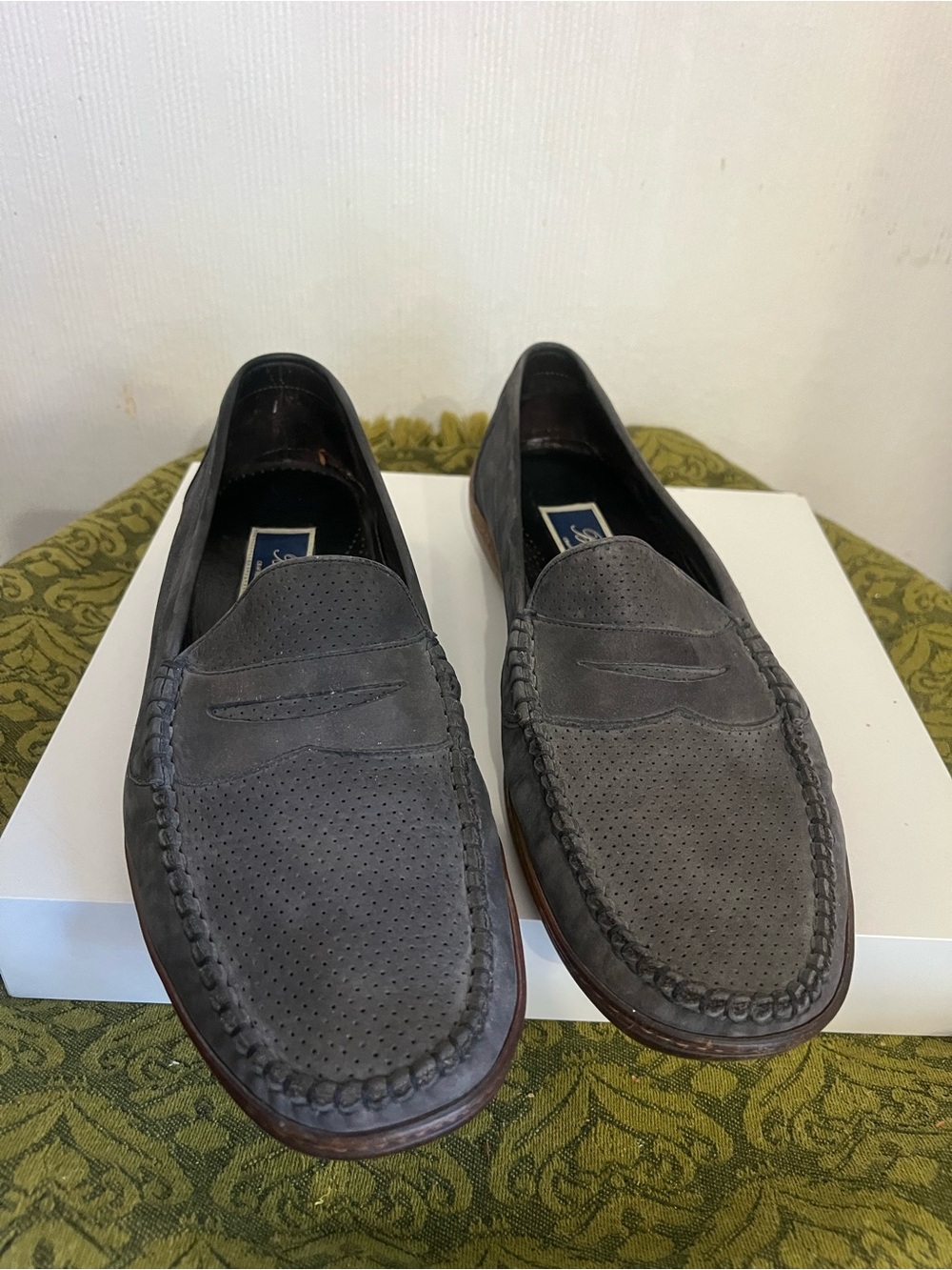 Perforated Suede Penny Loafers in Charcoal  bragano men’s size 9